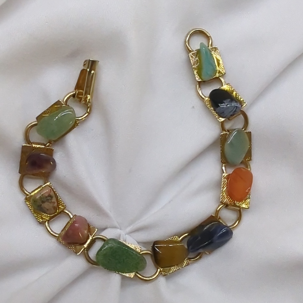 Vintage Gold Tone Multi-Stone Chip Link Bracelet - Earth Tones